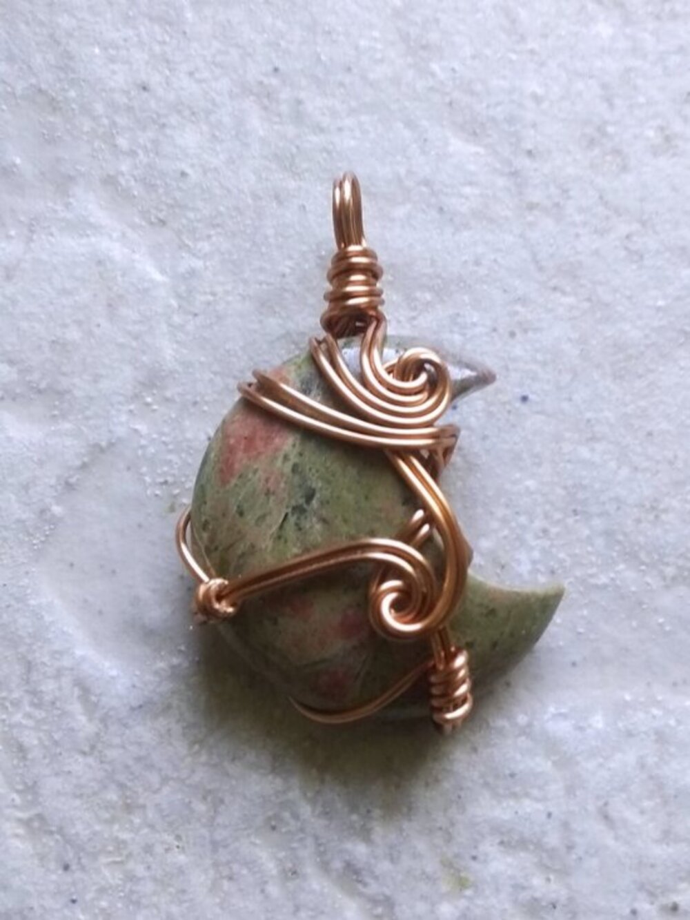 Unakite Jasper Crescent Moon Pendant - Copper Wire Wrap - Green Healing Jaspers